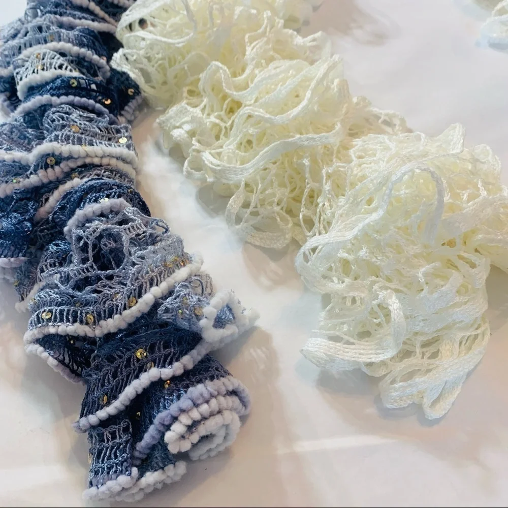 Hand crafted crocheted bell Denim Ivory 2 Piece Scarf set whimsical gypsy